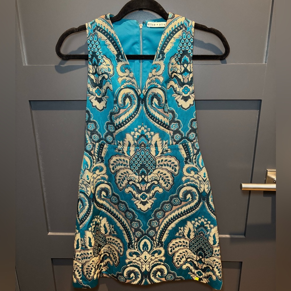 Alice + Olivia Teal and Gold Paisley Mini Dress